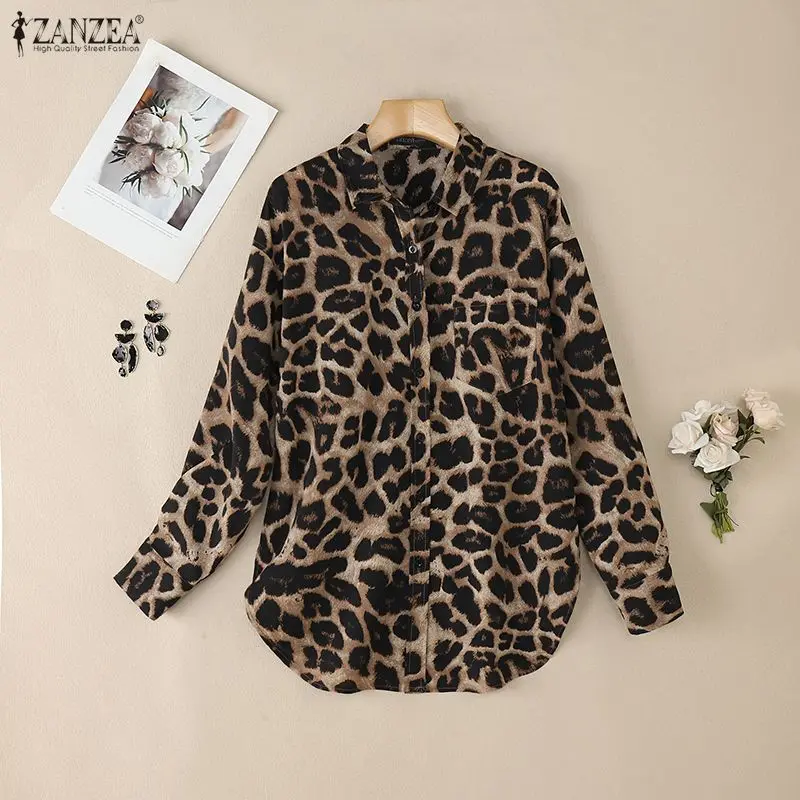 เสื้อเชิ้ตผู้หญิงทรงโอเวอร์ไซส์ แขนยาว คอปก ติดกระดุม ชายเสื้อโค้ง ลายเสือดาว แบรนด์ ZANZEA สำหรับฤดูใบไม้ผลิ ไซส์ S-3XL