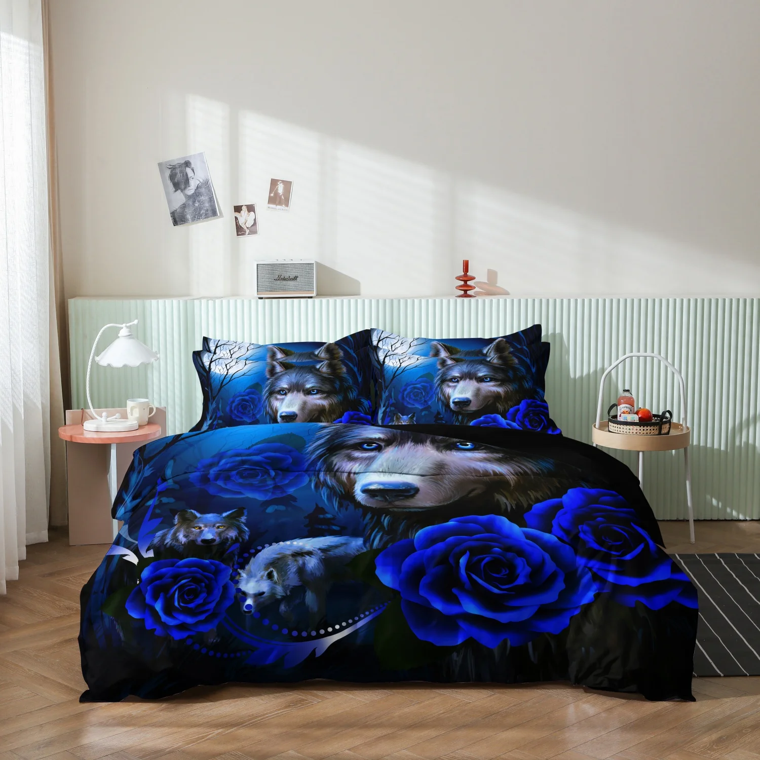 

3pcs Black Wolf and Blue Rose Print Duvet Cover Set Nature Art Printed Bedding Set, Used For Family Bedrooms Dormitories Hotels