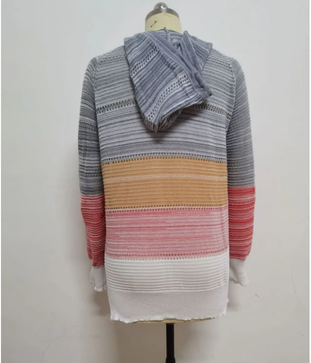 Autumn Women Patchwork Hooded Sweater Long Sleeve V-neck Knitted Sweater Casual Striped Pullover Jumpers 2023 New Female Hoodies