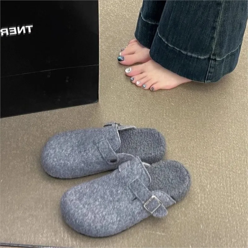 كريستار المرأة الشتاء البغل النعال موضة الفراء اصطف الجلد المدبوغ قباقيب أحذية قطنية مع مشبك قابل للتعديل سيدة نعال مسطحة عادية #4