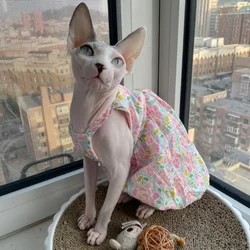 Floral Sleeveless Cotton Dress for Sphynx Summer Pink Suspended bubble Skirt For Female Cats Soft Coat for Devon Rex in Spring