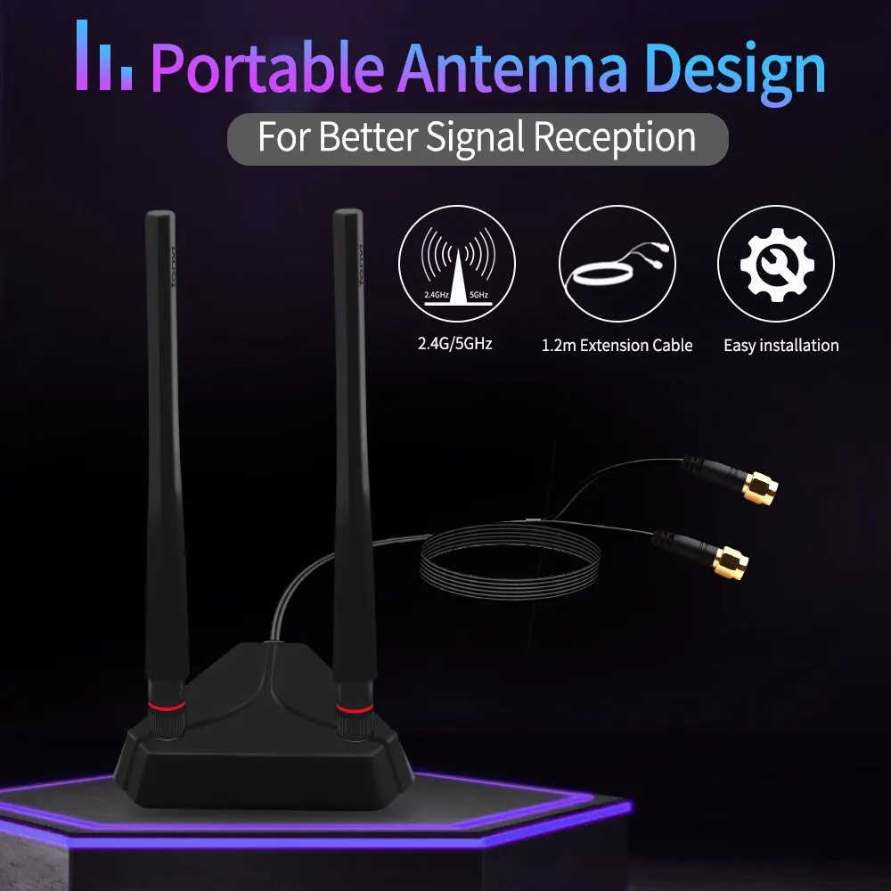 FENVI Rozszerzona antena bazowa o wysokim wzmocnieniu Dwuzakresowa 2.4G/5Ghz Dla AX210 AX200 9260 Karta WiFi Desktop PCIe Adapter Bezprzewodowy router AP