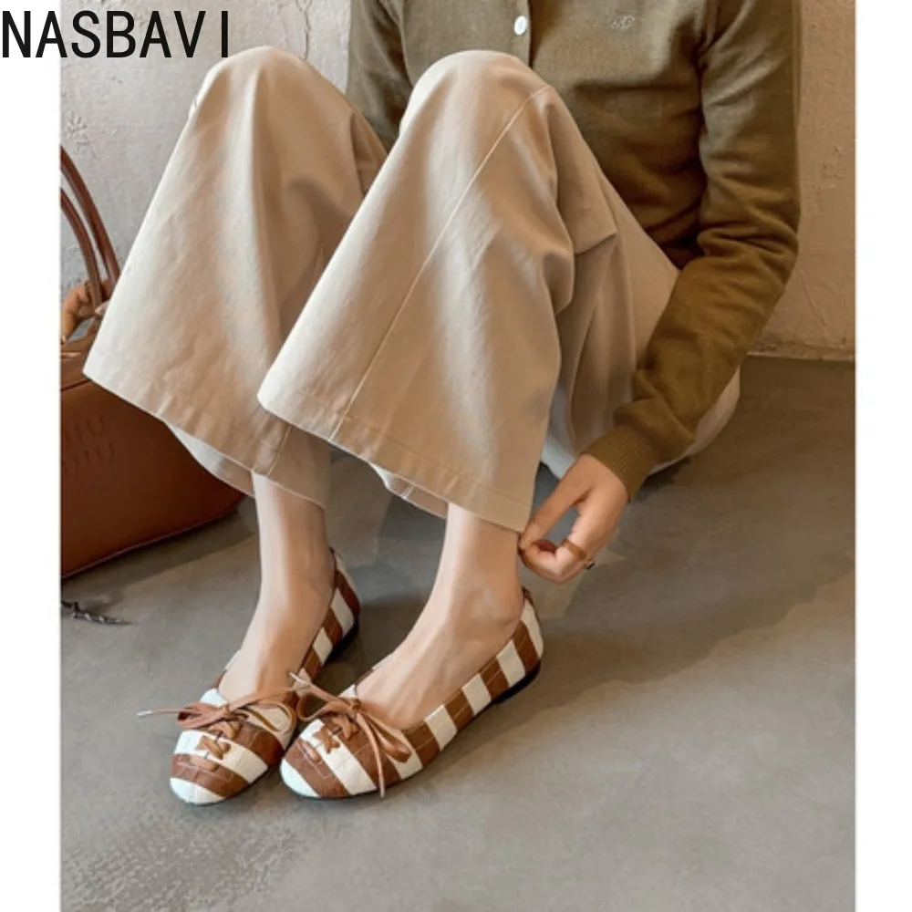 

2026 New Genuine Leather Butterfly Mary Jane Shoes Women Luxury Design Stripes Print Spring Slip on Causal Ballet Single Shoes