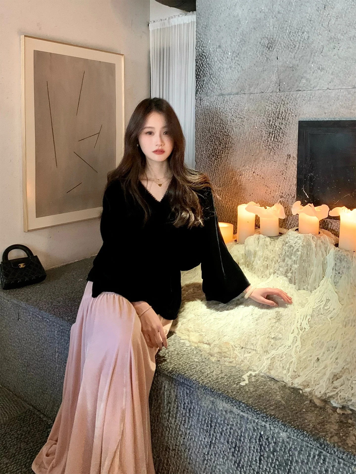 

Capriola Night Vintage Beaded V-ne Elastic Waist Ruffle Sve Velvet Top Women's Casual Sle Loose Fit Long Sve irt