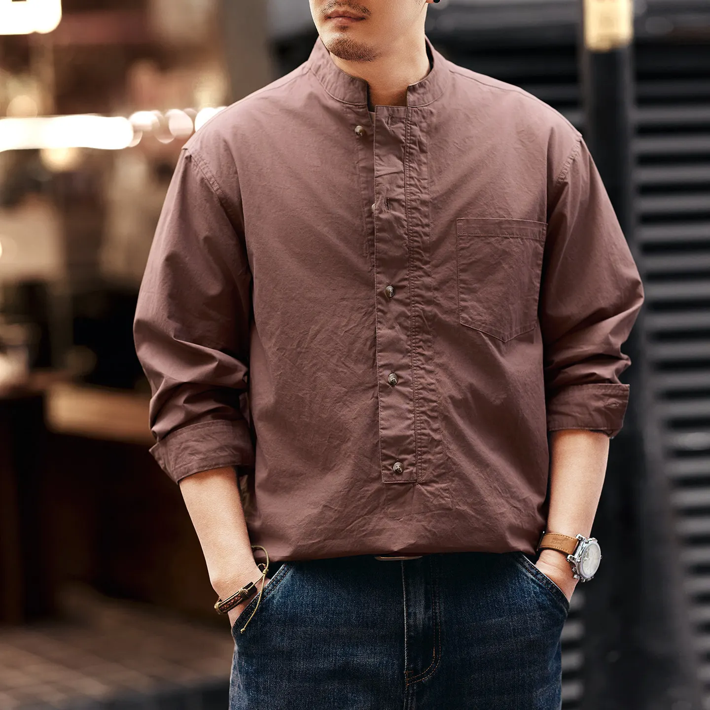 

Мужская весенне-осенняя новая модель: высококачественная ретро-рубашка с воротником-стойкой из хлопка и льна, с длинным рукавом, модная брендовая простая повседневная рубашка