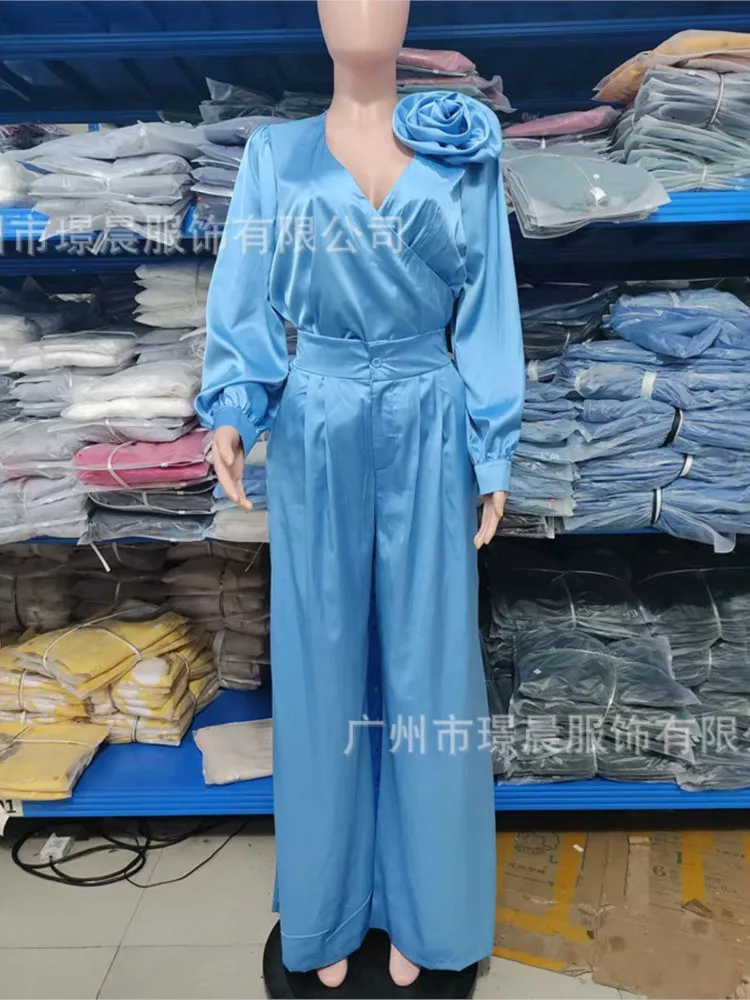 

Женские однотонные свободные комплекты из двух предметов, осень 2025 г., элегантный лоскутный атласный костюм, повседневный топ с v-образным вырезом и длинными рукавами + широкие брюки, наряд