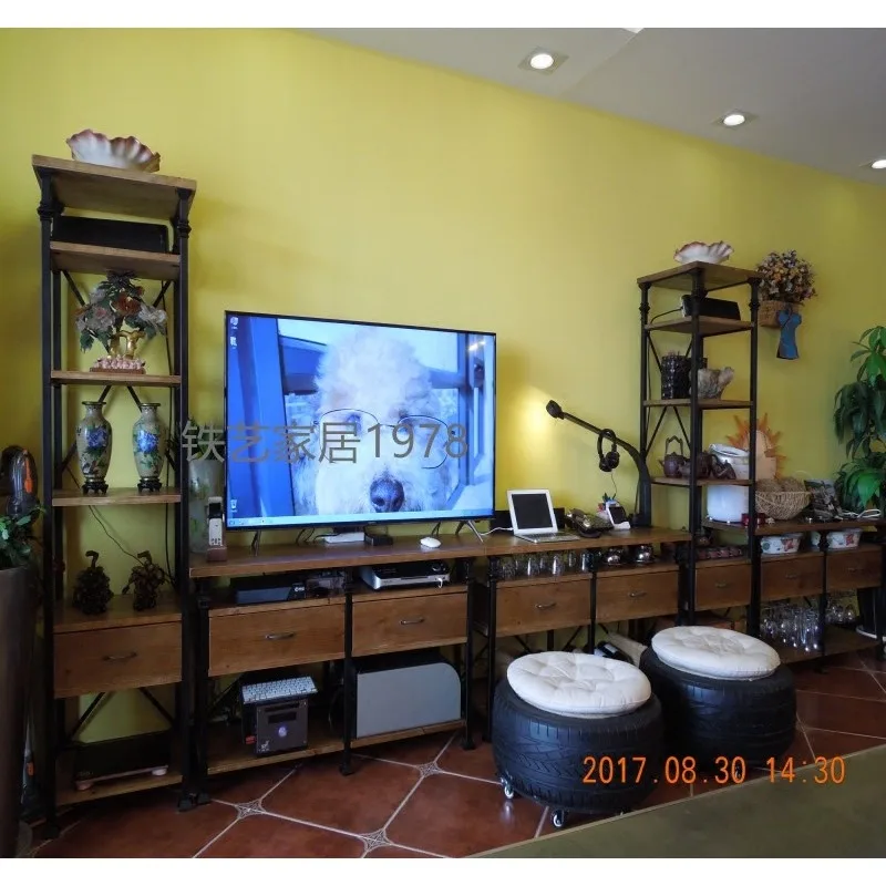 European North side cabinet wrought iron solid wood TV cabinet retro log small apartment floor rack video cabinet Internet celeb