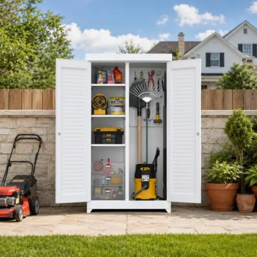 Outdoor Storage Cabinet for Garden Tools, 63 Tall Metal Shed in Gray with Rust-Resistant Coating and Lockable Doors