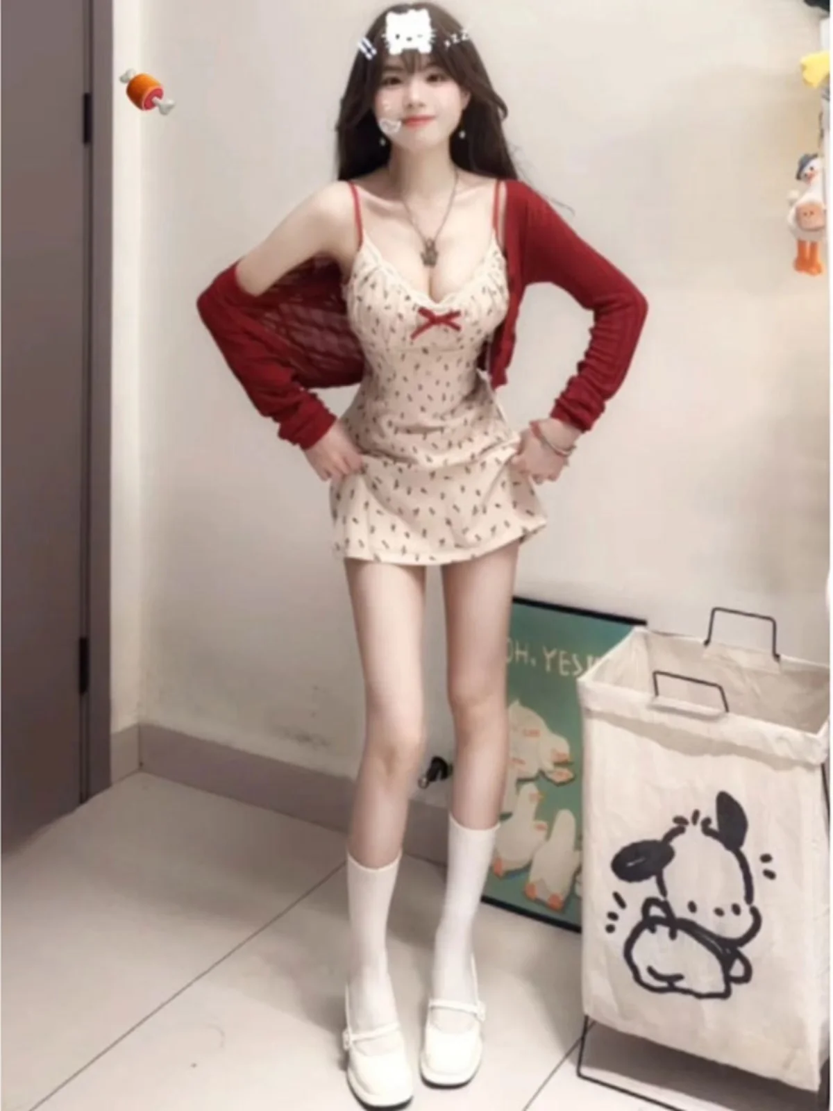

Korean Style Floral Print Dress Cardigan Two-Piece Set Short Sleeve round Neck Comfortable Cotton Material Date Night Outfit