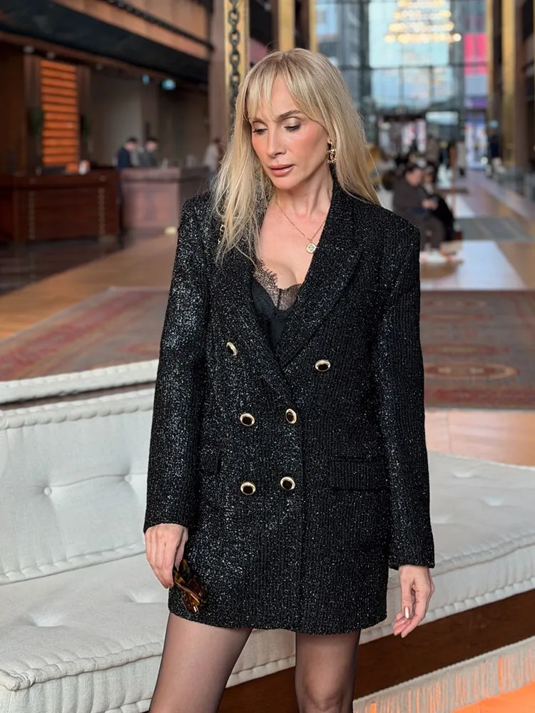 

HH Women New Winter Fashion Versatile Lapel Double-Breasted Metallic Thread Blazer Female Temperament Shoulder Pad Simple Jacket