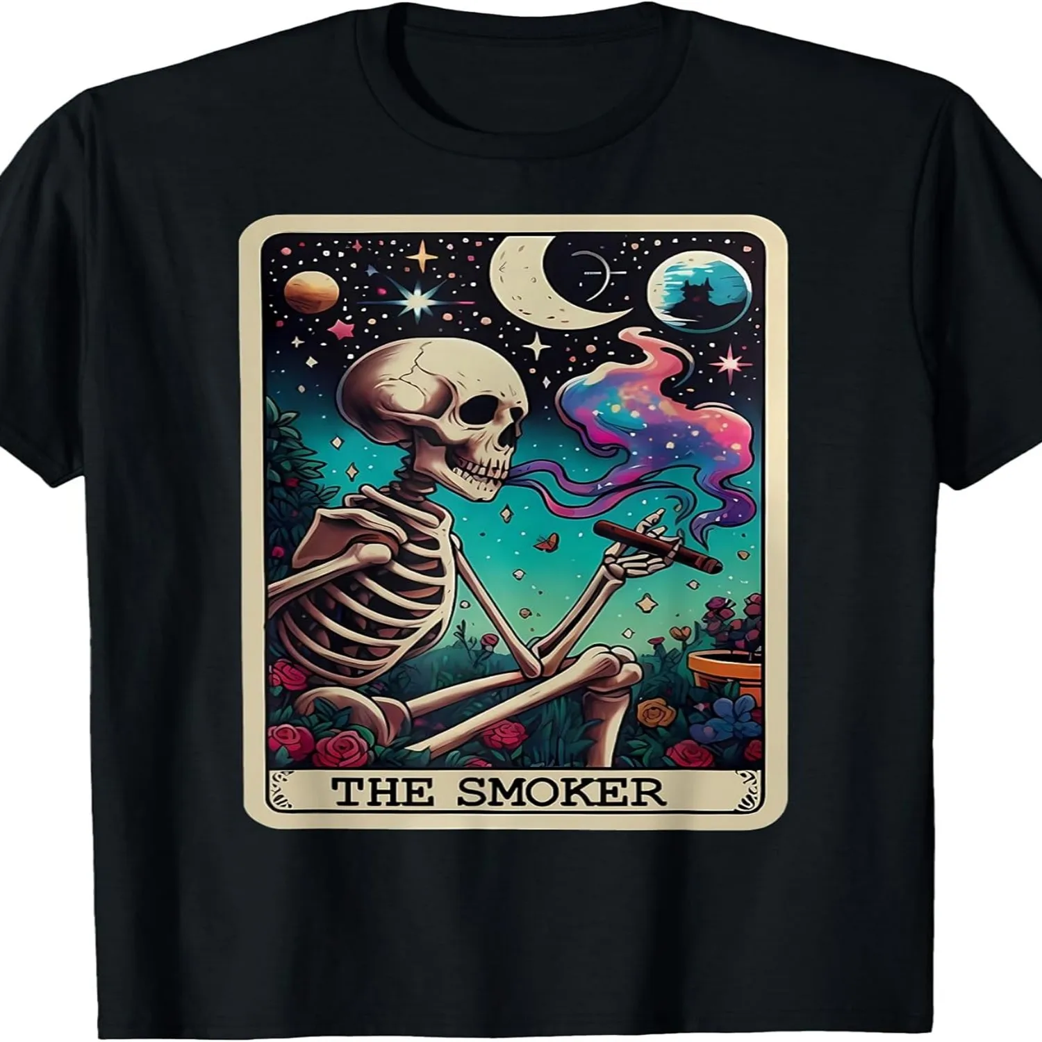 Vintage Skeleton Smoking Outer Space Smoker Card T-Shirt Jpg Same Style for Men And Women 2025 Summer Short-Sleeved Printed T-Shirt Pure 220G Short Sleeve T Shirt, Birthday Gift Tee
