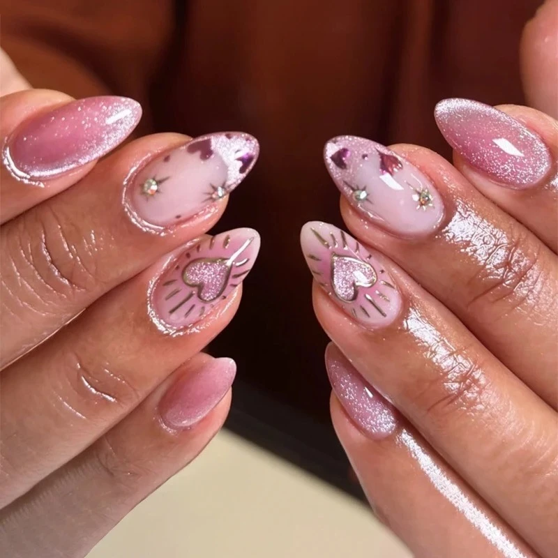 Patrón de serpiente Punk estrella Starburst uñas postizas puntiagudas arte brillo almendra uñas postizas Luna sol corazón diamantes de imitación prensa en la punta de las uñas