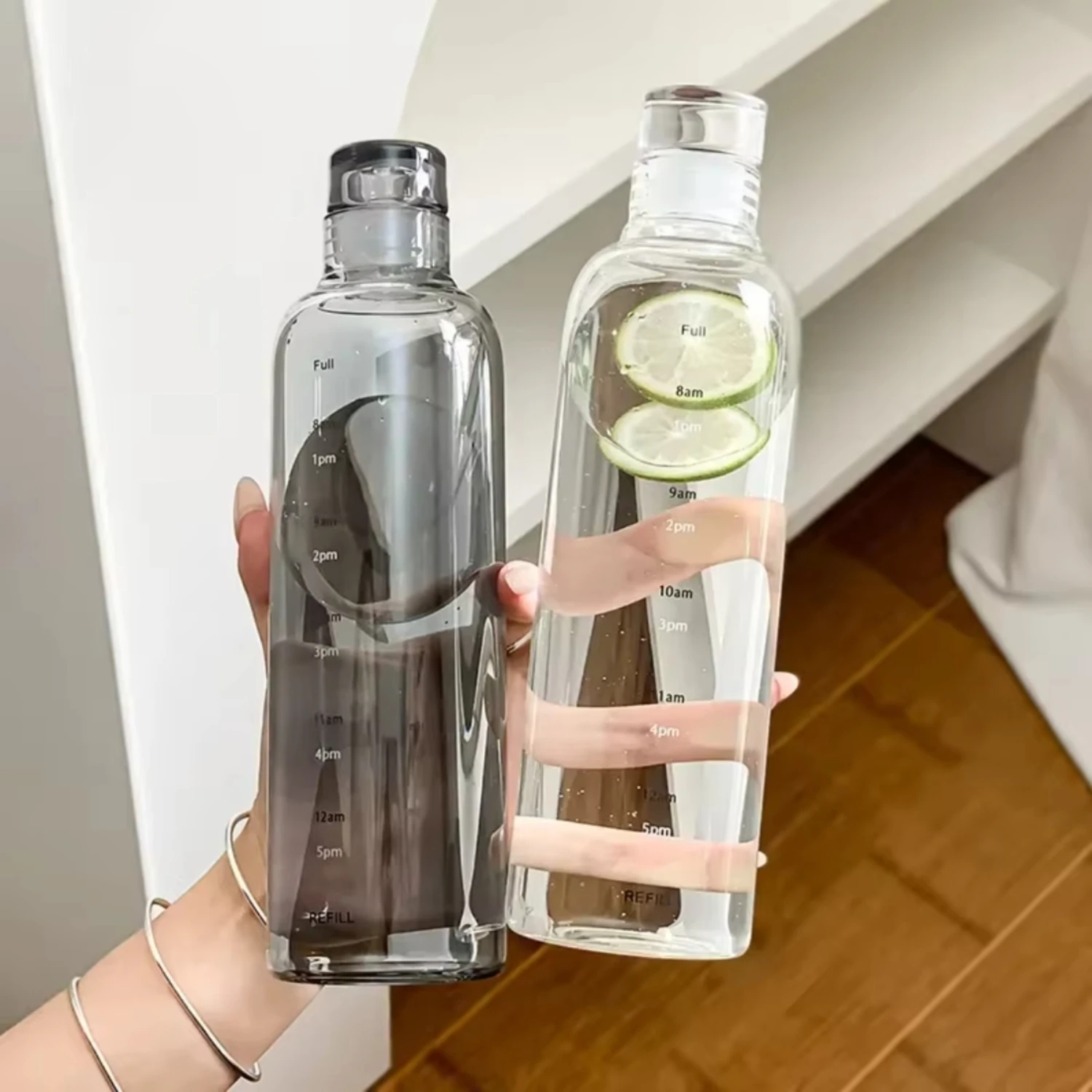 500/750ml Transparent Plastic Water Bottle Time Marker Creative Large Capacity Leakproof Milk Cup Drinkware  School Gym Sport