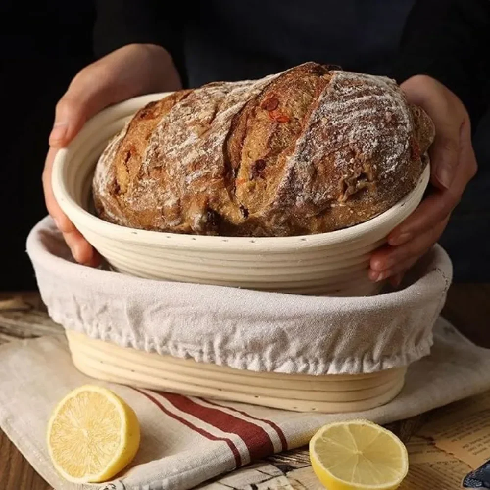 Lot de 6 paniers à pain ovales de 25,4 cm, doublure en tissu pour panier à pain au levain, en rotin naturel