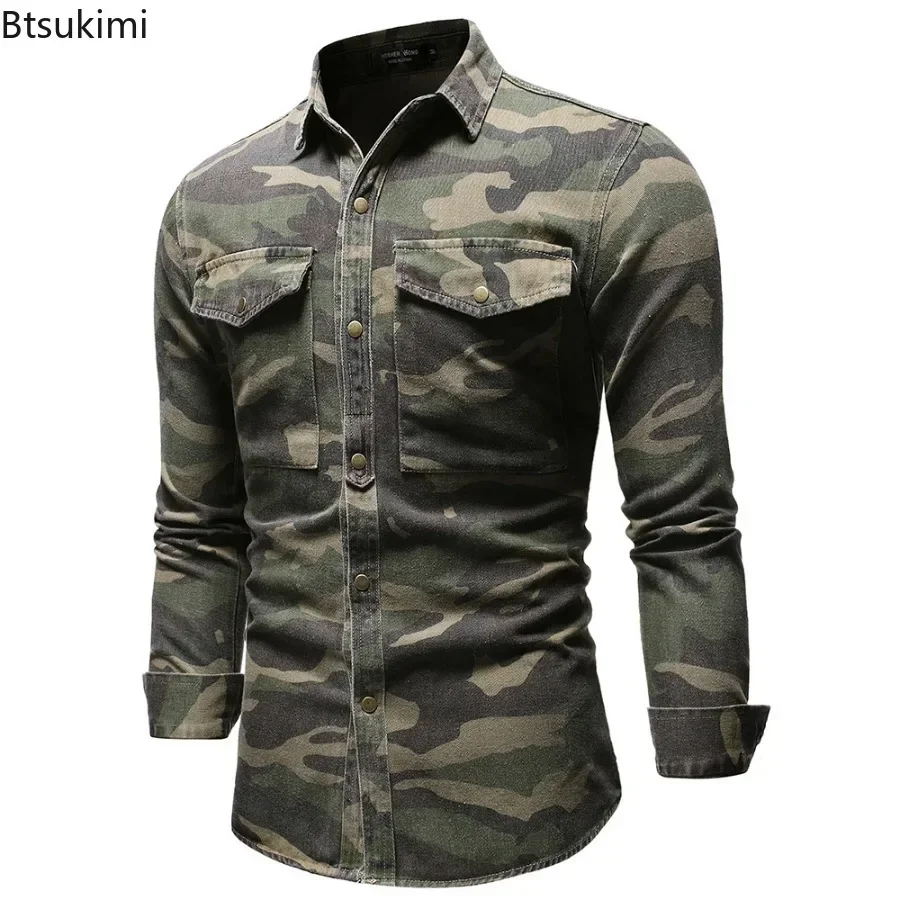 New 2024 Men\'s Denim Shirts Fashion Soft Lapel Camouflage Shirt Jacket Man Casual Slim Outdoor Climbing Cowboy Tops Shirt Male