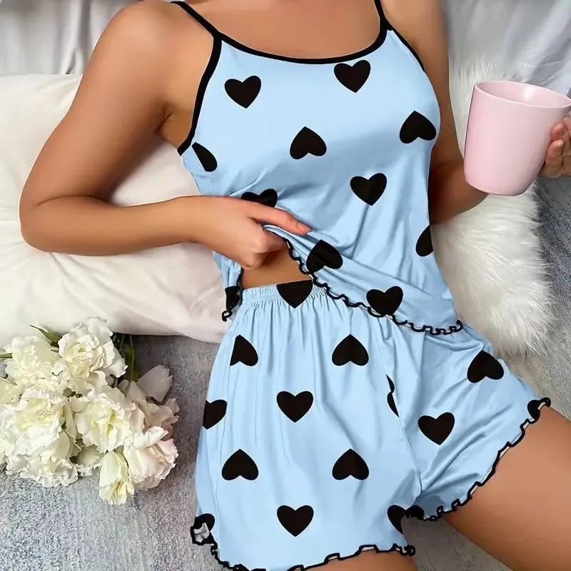 

Women's Cute Heart Print Pajamas, Lightweight Ice Silk Lounge Set for Hot Nights, Soft Breathable Sleepwear