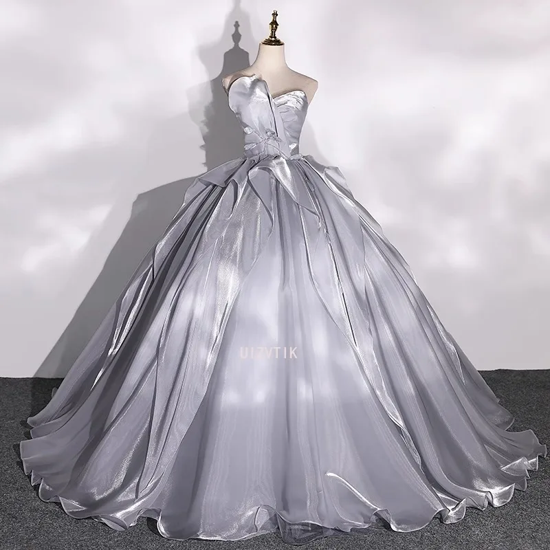 Light Luxury Strapless Party Evening Dresses Women High Quality Pleated A-line Prom Gowns Female Satin Formal Occasion Dress