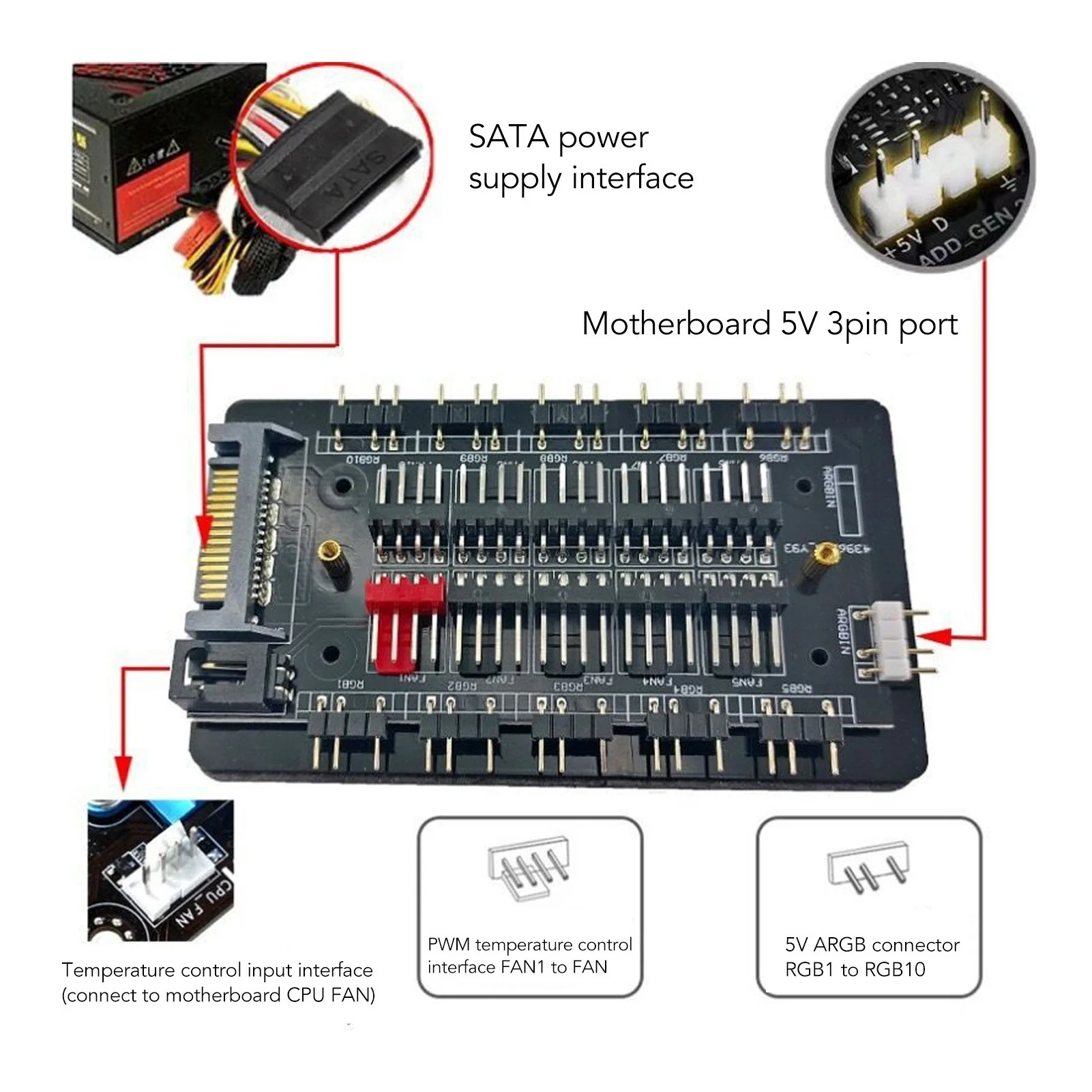 ARGB PWM Fan Hub 2 in 1 PWM ARGB Case Fan Hub المسلسل ATA واجهة إمدادات الطاقة المغناطيسي 4Pin PWM 3Pin ARGB Fan Hub مع حافظة #4