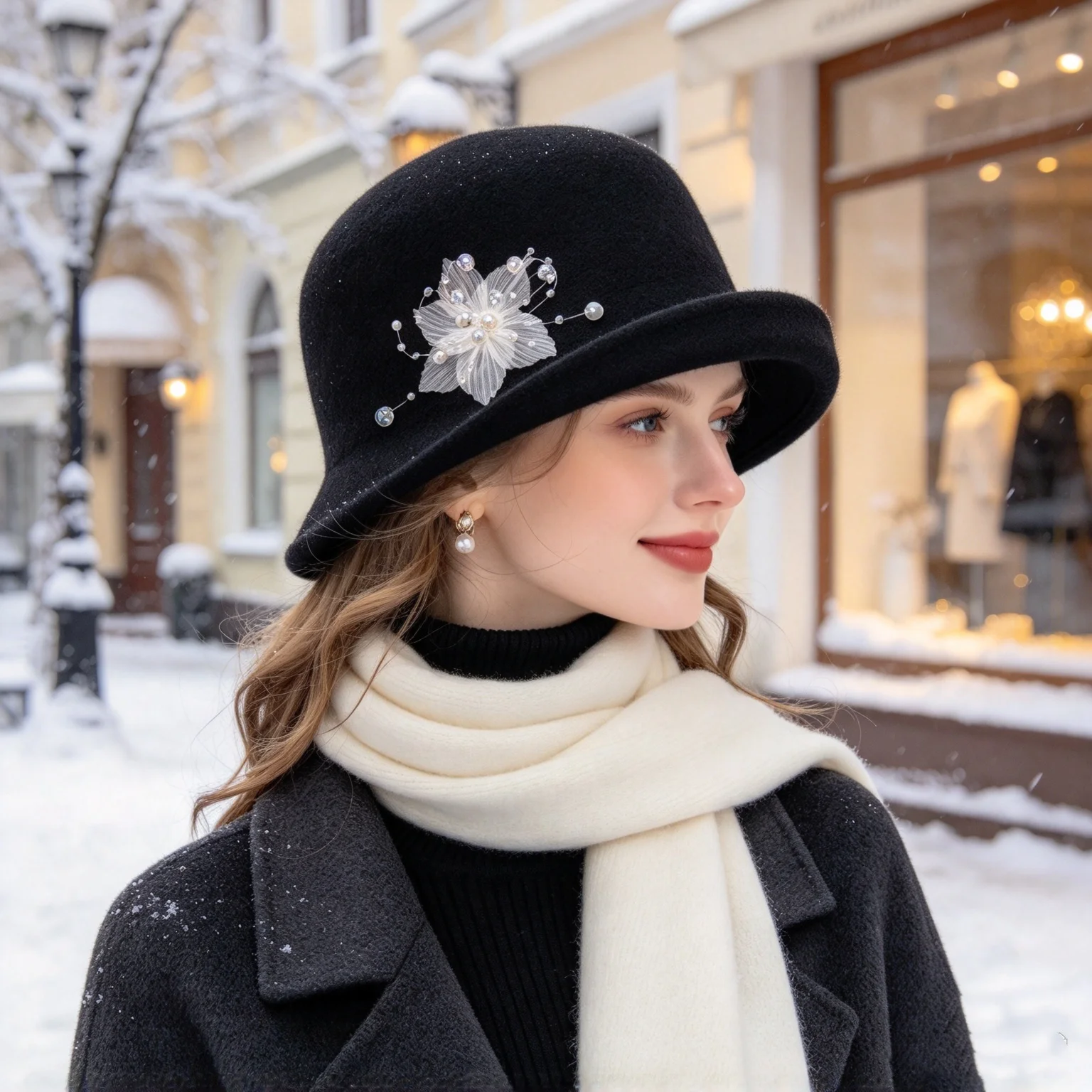 Vintage Elegant Women's Woolen Cloche Hat with Handmade Mesh Floral Embellishments, Rolled Brim, Short Brim, Suitable for Winter Snowy Days, Paired with a Coat for Warmth, Photo Shoot, and as a Stylish Hat