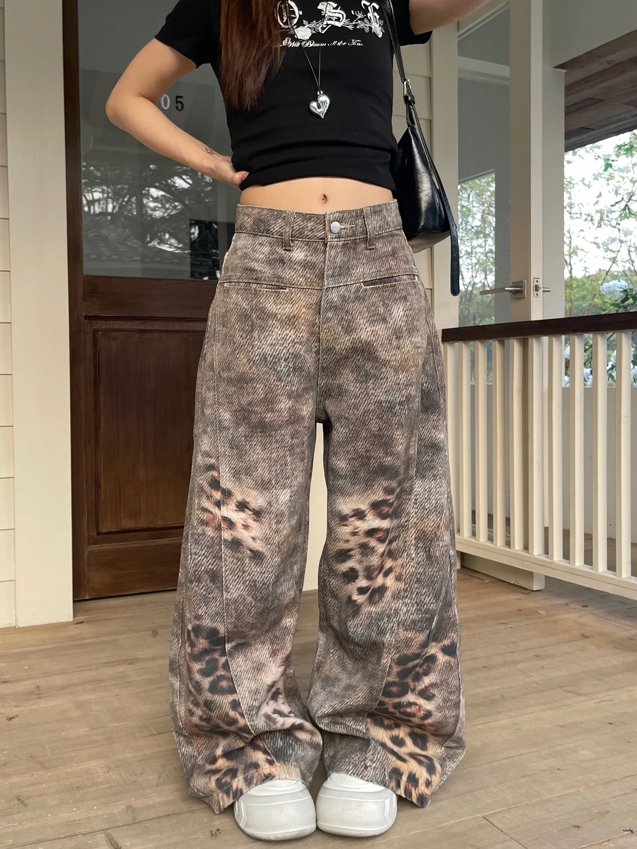 

Retro American Denim Jeans Women's Wide Leg Straight Casual Washed Design Sense Pants Leopard Print Low Waist Cotton Zipper