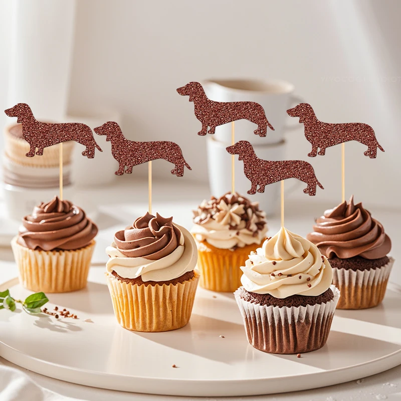 NUBECOM 24 Stück Dackel-Kuchenaufsätze, Welpen-Cupcake-Topper, Hunde-Geburtstags-Cupcake-Picks, Dackel-Haustier-Geburtstagsdekorationen – Detail 7