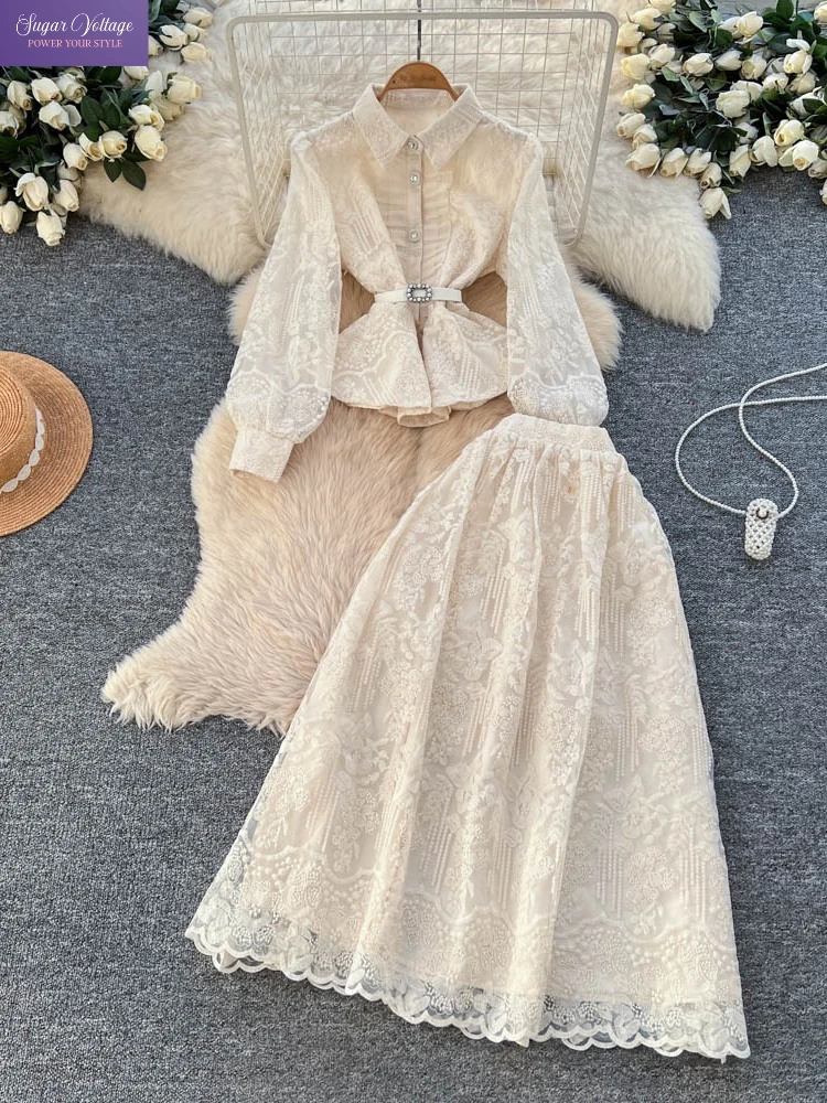 الفرنسية أزياء أنيقة 2 قطعة مجموعة المرأة سليم صالح المطرزة الدانتيل مربوط بلوزة + تنورة عالية الخصر الخريف الزي الصلبة غير رسمية