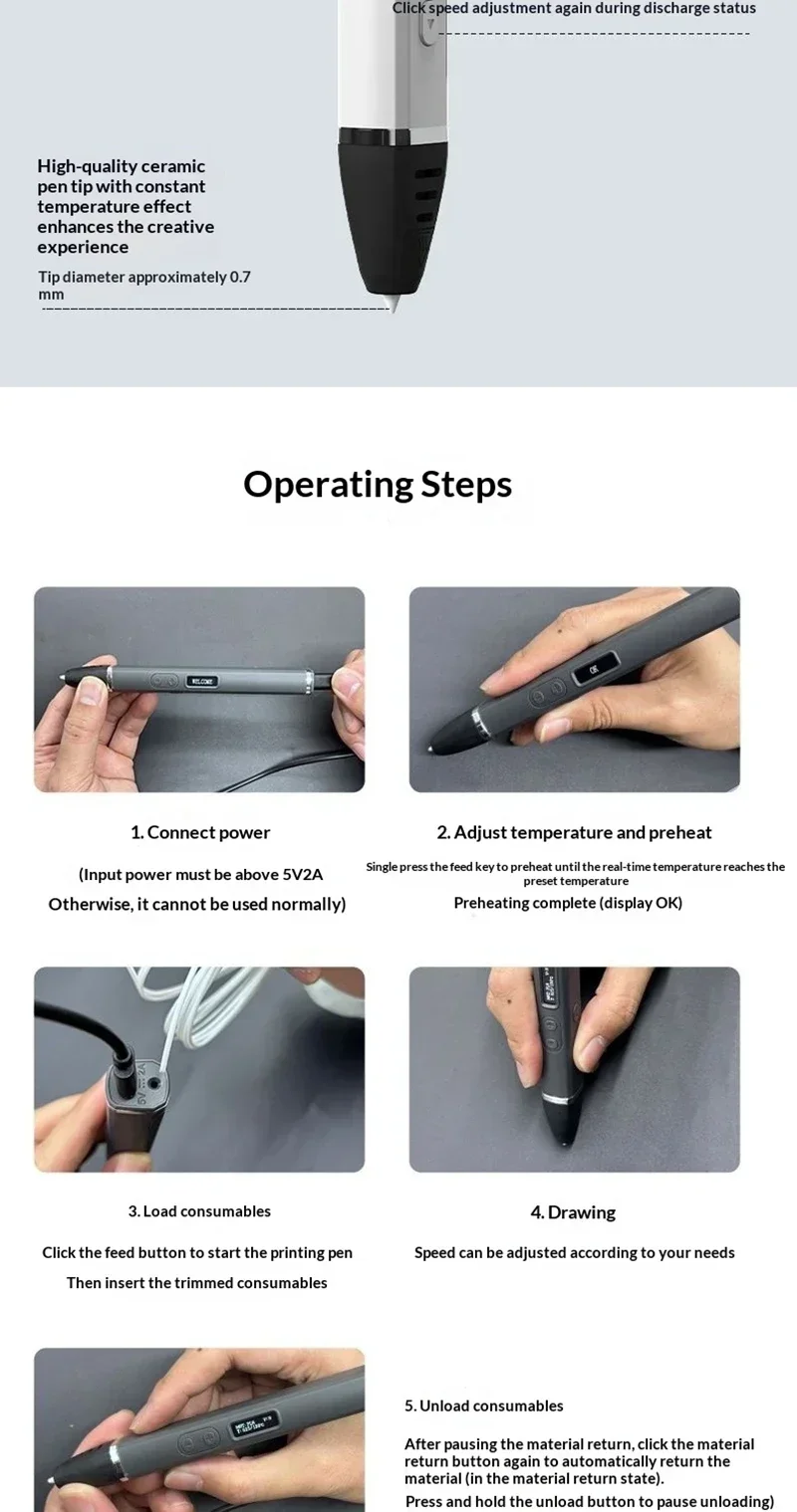 Professioneller 3D-Druckstift für Wettbewerbe mit OLED-Display, 3D-Druckstifte mit PLA-Filament, 3D-Doodling mit abnehmbarem Design – Detail 9