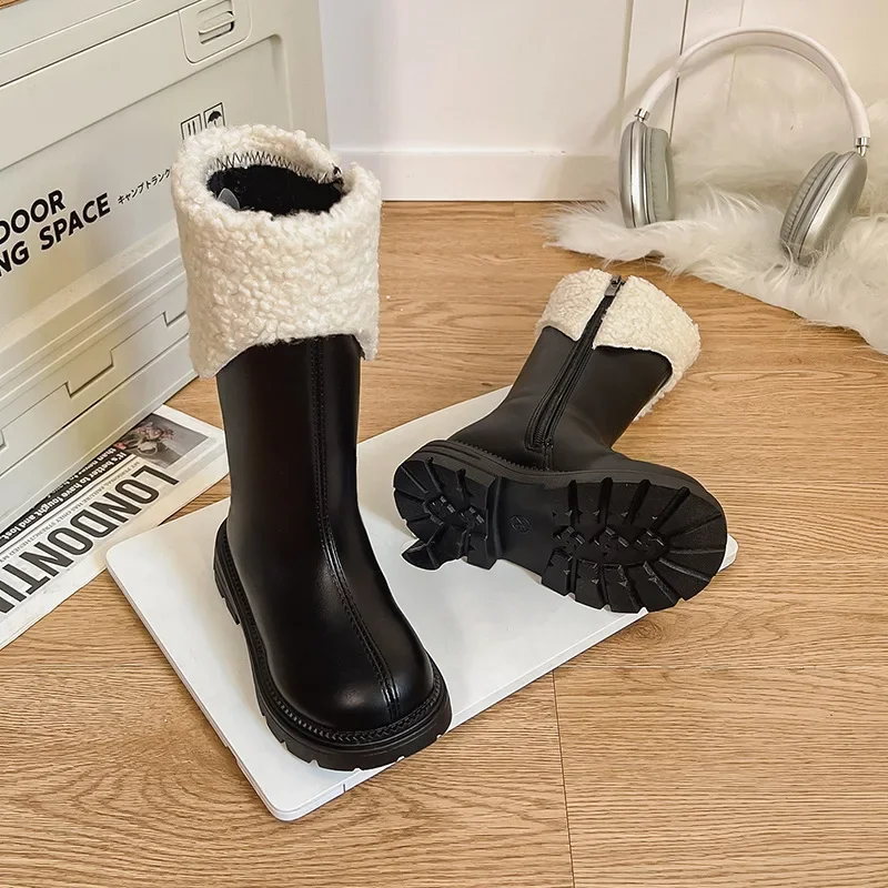 

Новинка 2023 года, черные высокие сапоги для девочек, шерстяные плюшевые сапоги до колена на флисовой подкладке для детей, осень-зима