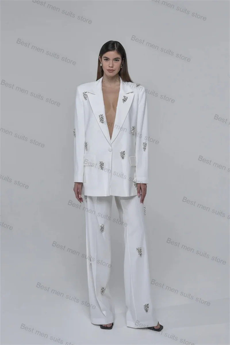 

White Crystals Women Suit Set Blazer+Loose Pants 2 Piece Cotton Wedding Tuxedo Party Jacket Tailored Formal Office Lady Coat