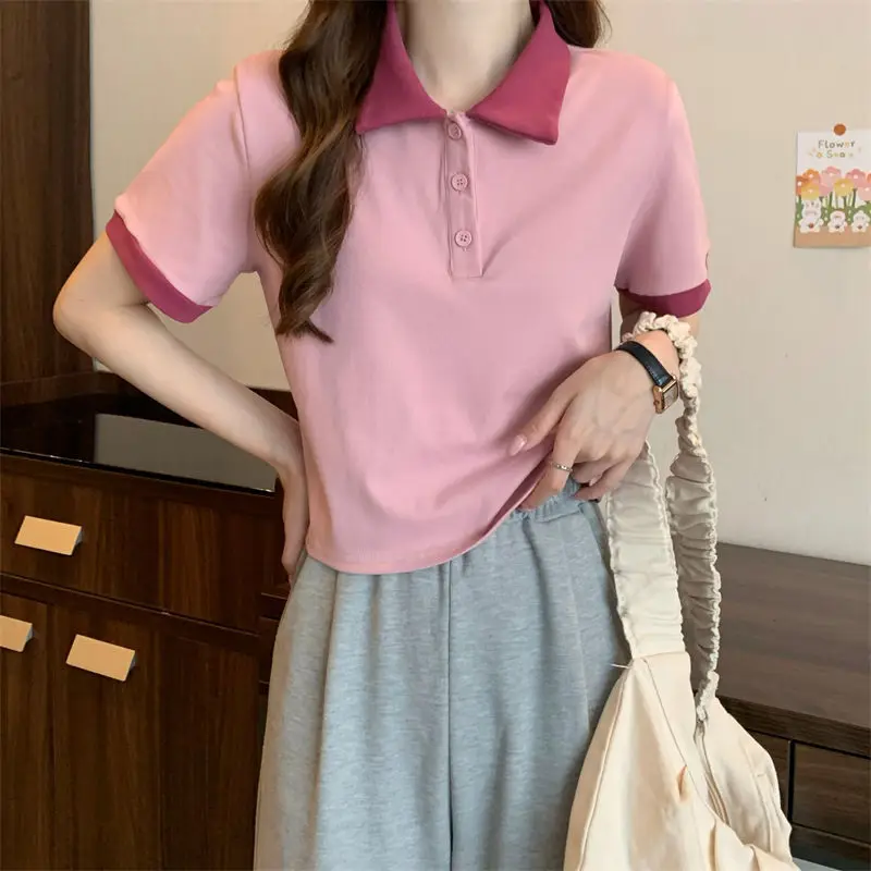 Short Sleeve T-shirts Women Summer Vintage Korean Preppy Style Ins Fashion Patchwork Design High Street Casual Ulzzang All-match