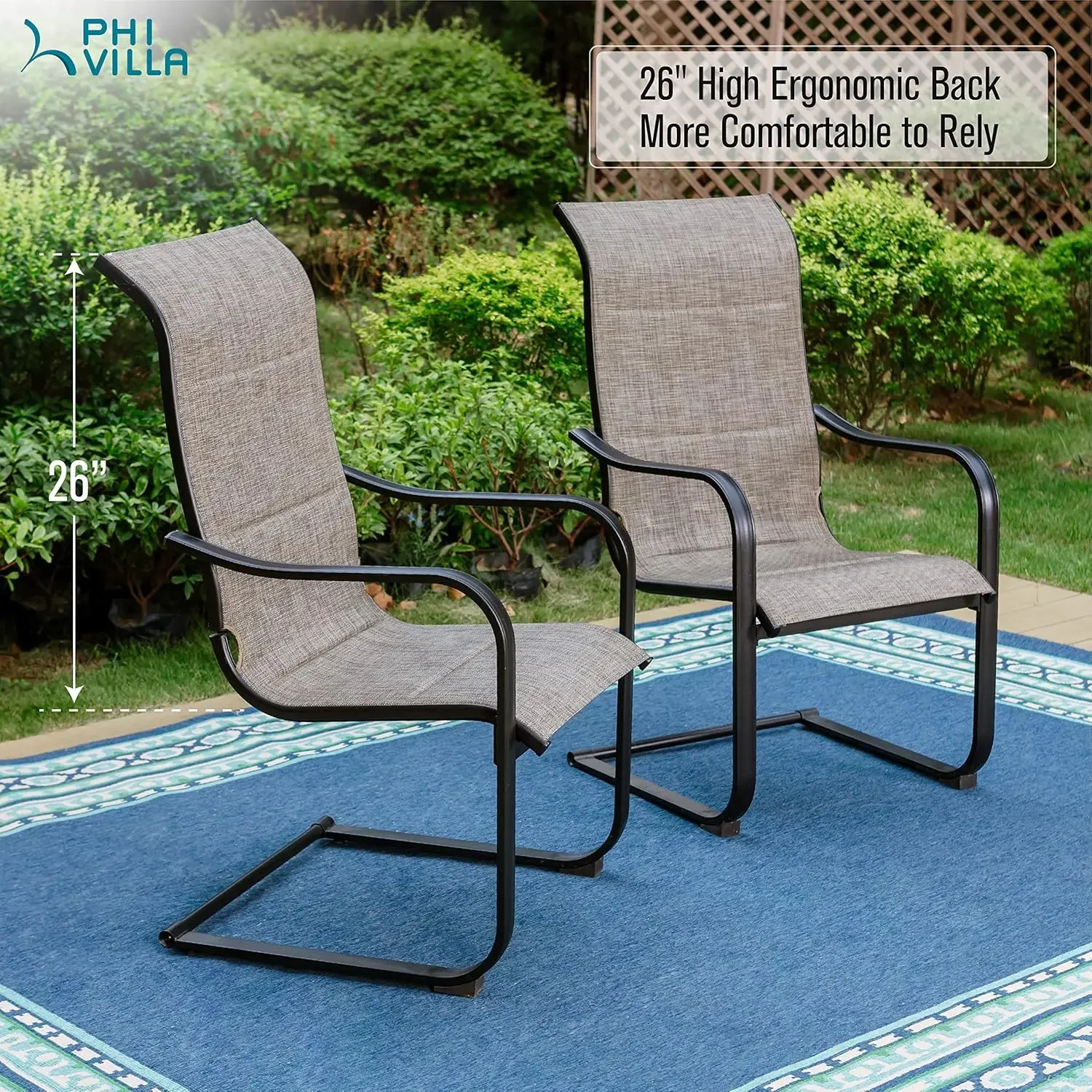 

Outdoor C-Spring Dining Chairs Set of 4, Patio Sling High Back Springy Chairs with Padded Textilene Fabric