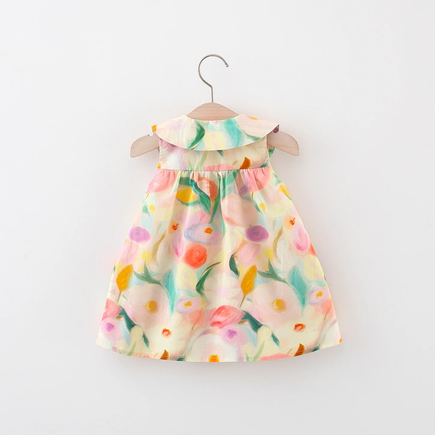 Summer Oil Painting Collar Cotton Baby Girl Dress Doll Collar Sleeveless Beach Girl Dress With Bag
