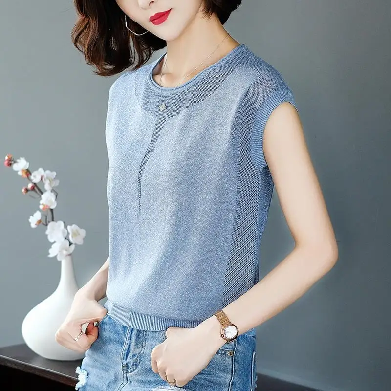 Summer New Bright Silk Female Clothes 2023 Round Neck Hollow Out Casual Tops Women Ice Floss Loose Knitting T-shirt