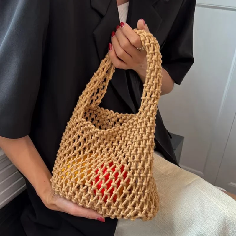 Personality Handmade Knitted Handbag Cotton Rope Hollowout Woven One-shoulder Pouch Large Capacity Colorful Underarm Bag Work