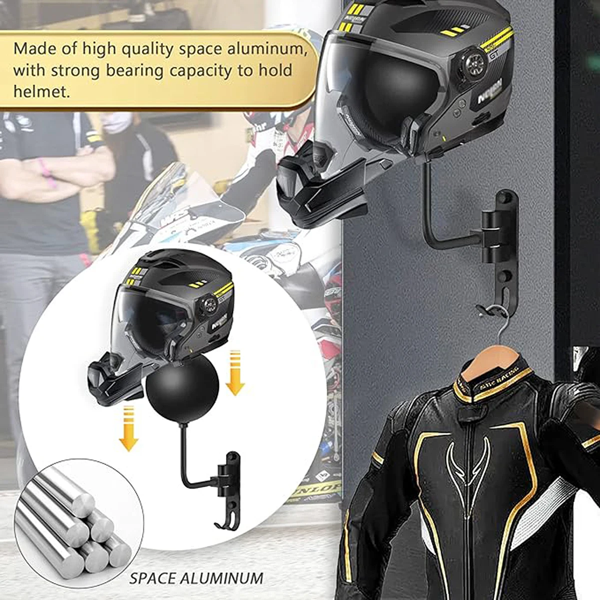 Motorcycle Helmet Holder Wall Mount 180°Rotation Football Bicycle Helmet Rack With 2 Hooks Helmet Display Hanger Stand for Caps