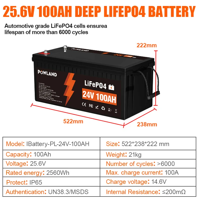 POWLAND 100Ah 200Ah 300Ah LiFePO4 Batterij 6000+ Cycli RV 12V 24V Zonne-energiesysteem Boot Golf Zonne-energie Kamperen EU Voorraad