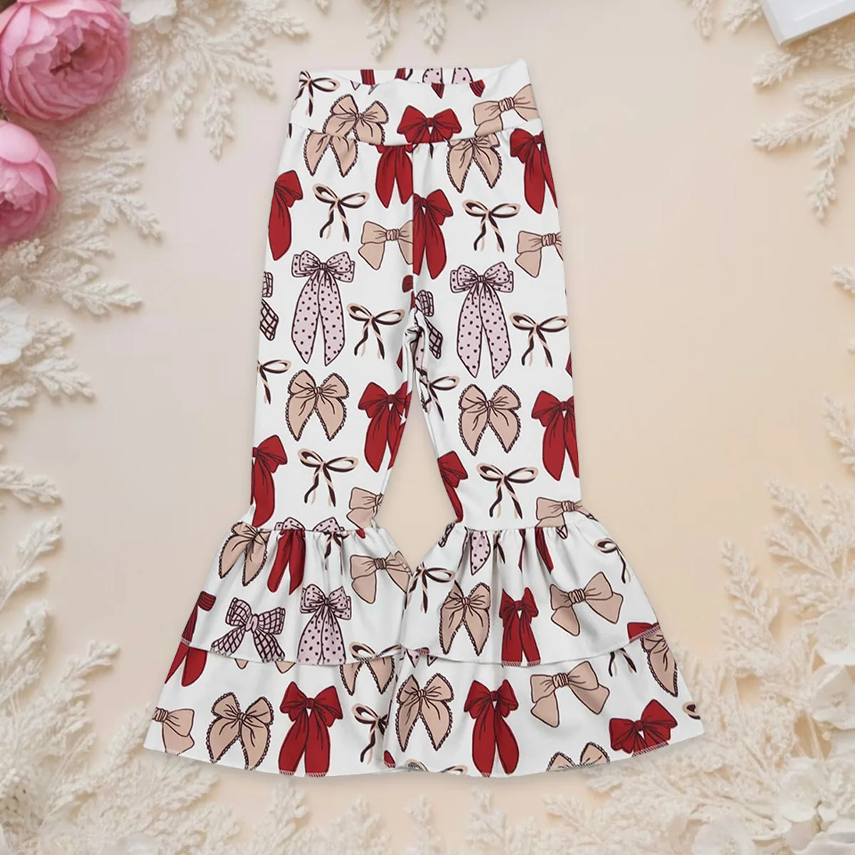 

Baby Girl Red Bows Yoga Active Ruffle Pant Trousers Boutique Kids Bell Bottom Children Toddler Athletic Flare Pants Wholesale
