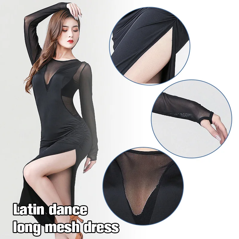 

Women's Short Latin Dance Dress In Nylon-Spandex Silky Competition Outfit for Salsa Cha-Cha and Rumba Performance