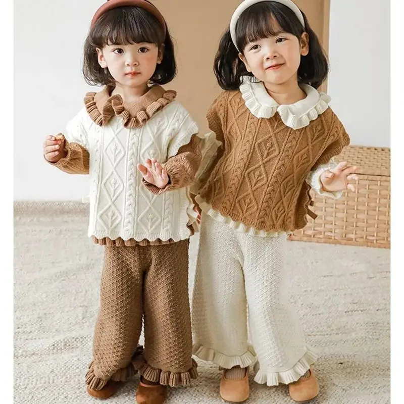 Spring Autumn Toddler Baby Girl Knit Wide Leg Pants Kids Loose Cute Lace Soft Pants for Girls Infant Girl Fall Trousers 1-10Year