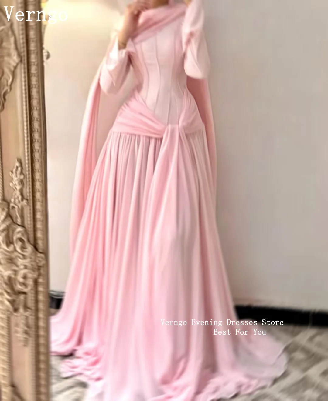 Verngo Pink/Purple Chiffon Evening Dress High Neck Full Sleeves Mermaid Pleated Prom Gowns Women Modest Party Dresses Customized