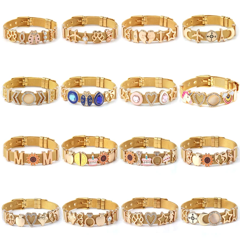Gold Color 10mm Stainless Steel Keeper Mesh Bracelet Set With Love Heart Charms Slide Bads For Women Jewelry