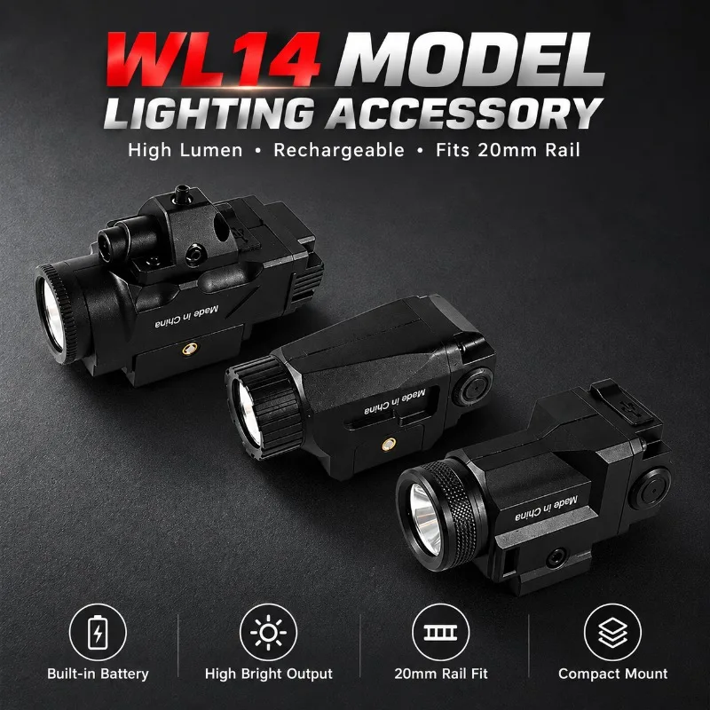 WL14 Under Mount Flashlight Built-in Rechargeable Battery High Lumen Model Lighting Accessory Fits 20mm Rail