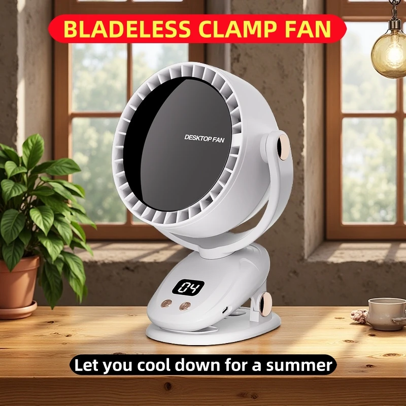 

New USB Multi functional Leaveless Clip Fan Outdoor Camping Desktop Charging Wireless Fan Portable Bladeless Clamp Fan