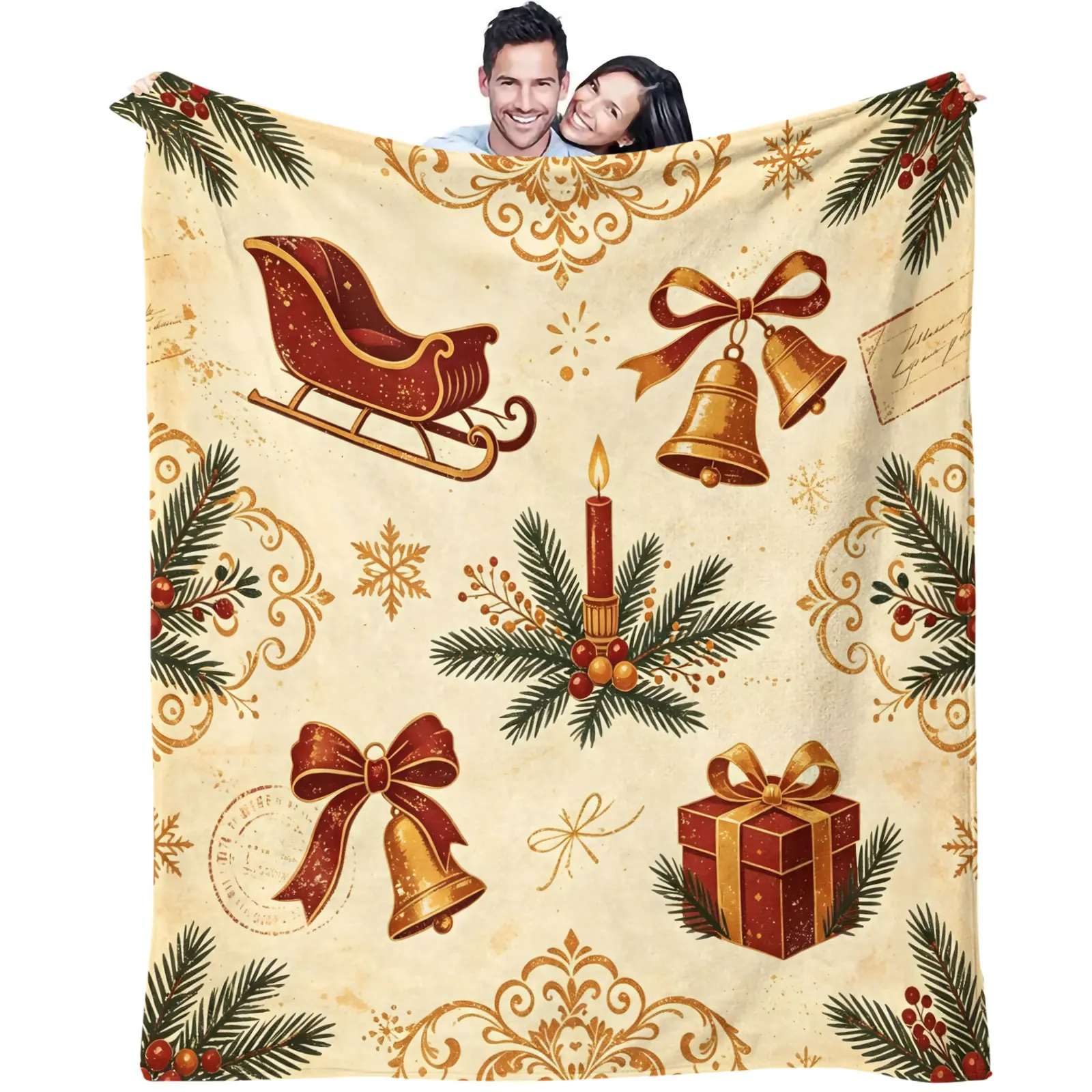 Christmas New Year Sleigh Bell Flannel Throw Blanket Retro Santa Candle Gift Box Snowflake Print Soft Warm Cozy Blanket for Sofa