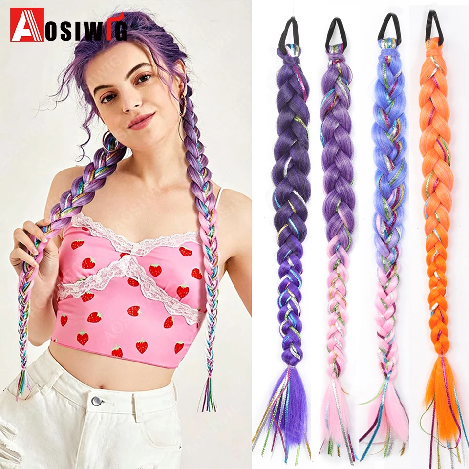 Ombre Purple To Pink Braided Ponytail Hair Extension With Glitter Tinsel Synthetic Braid Hairpiece With Elastic Band