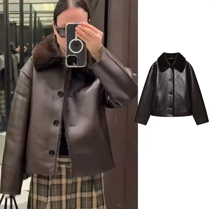 

Женская цельная куртка на меху, осень-зима 2022, новая женская двусторонняя короткая куртка с длинными рукавами и пуговицами для отдыха High Street