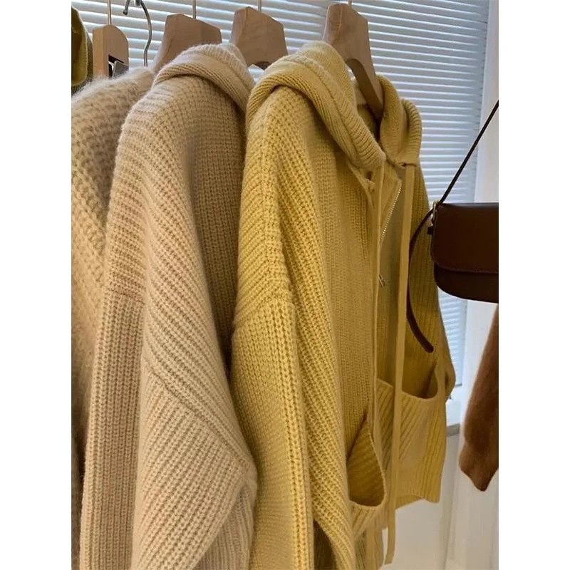 

plus Size Knitted Sweater Casual Lazy Sle Autumn Winter Loose Fit Hooded Cardigan Coat for Plump Women Versatile Comfortable