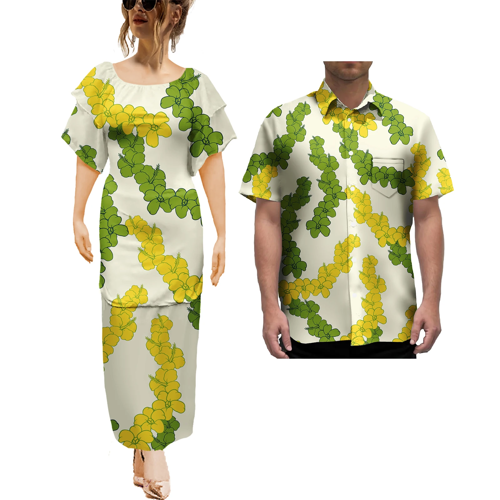 Couple Outfit Sets Ladies Evening Dresses Polynesian Pattern Design Classic Mens Hawaiian Shirts Match Women Plus Size Dress