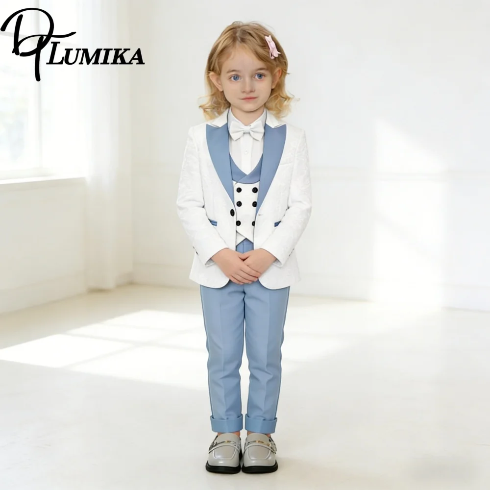 

Свадебный костюм для девочек: пиджак, брюки, жилет и брюки-кюлоты из жаккарда, небесно-голубой, 4 предмета, приталенный крой, комплект для детей