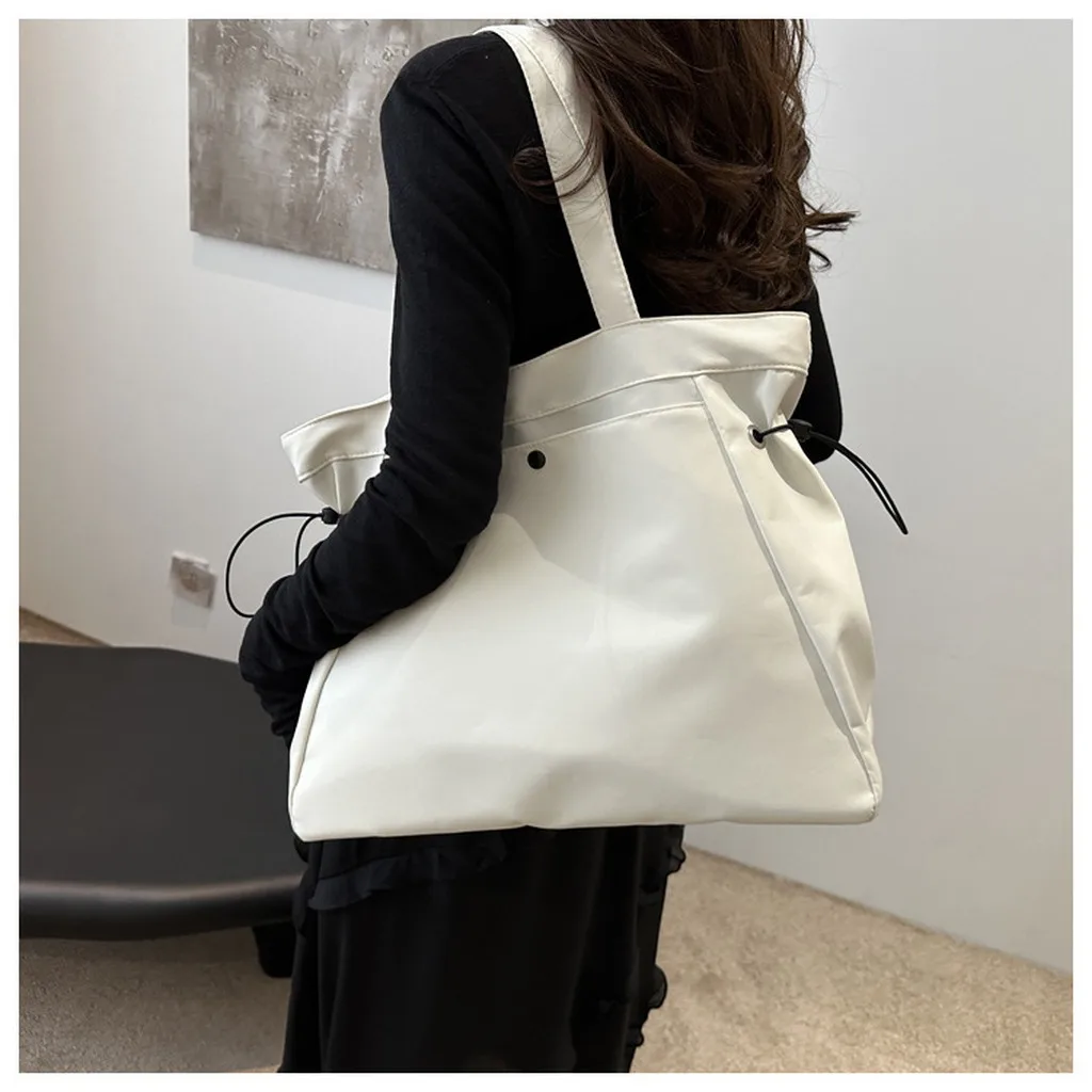 

Solid Color Nylon Ladies Shoulder Bag Casual Drawstring College Girls Handbag Large Capacity Portable Women's Shopping Tote Bag